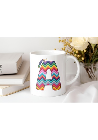 A Harfi Renkli Zigzag Desenli Kupa Bardak - Afrika Tarz Etnik Tasarım Kupa - Kişiye Özel Beyaz