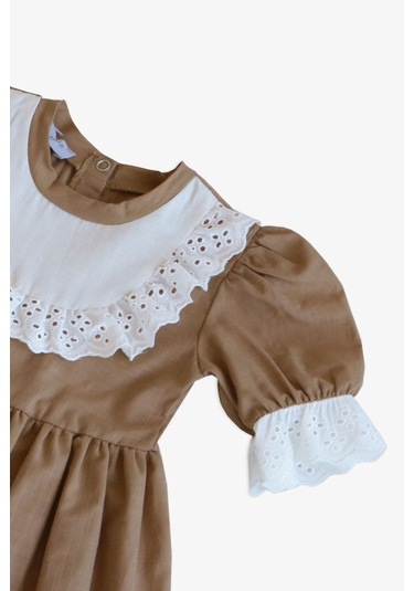 Kız Çocuk Ruby Kahverengi Fırfırlı Dantel Detaylı Kısa Kollu Elbise Bandana Takım Elb-0070.16 Kahverengi