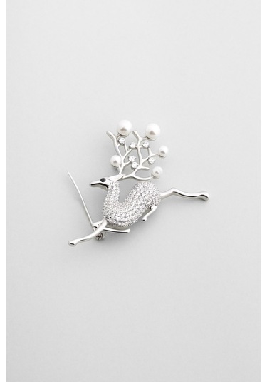 Ren Geyiği 18 Ayar Beyaz Altın Kaplama Gümüş Broş Beyaz Altın Kaplama