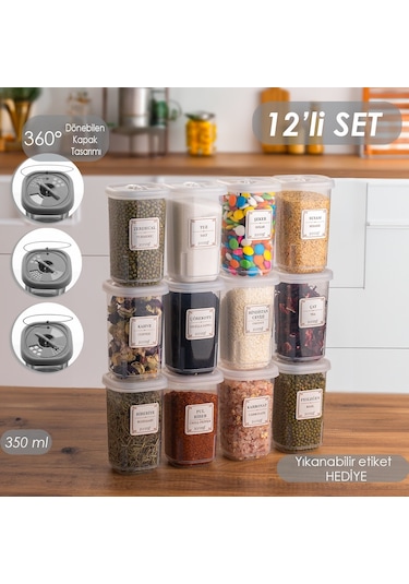 Porsima 1060 Döner Kapaklı Baharatlık Seti 12'li 350 CC Şeffaf