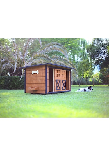 MANDU Ahşap İkiz Köpek Kulübesi (2 yuva tek kulübe) + İsimlik ve