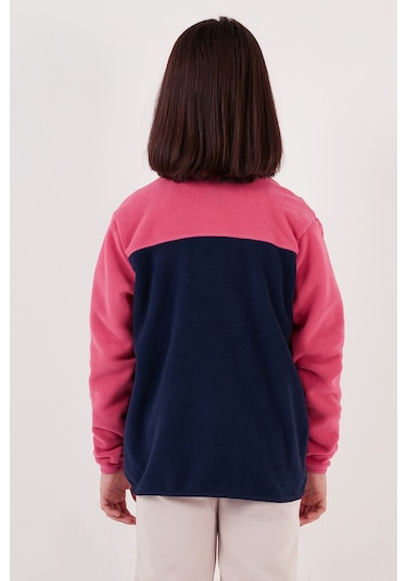 Lela Yumuşak Dokulu Fermuarlı Renk Bloklu Dik Yaka Cepli 2'Li Paket Hırka Çocuk Polar 5905001S2 Fuşya Lacivert-Somon Gri