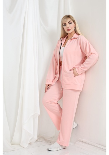 Kadın Büyük Beden Fermuarlı Uzun Kollu Rahat Günlük Eşofman Takım Pudra Pembe