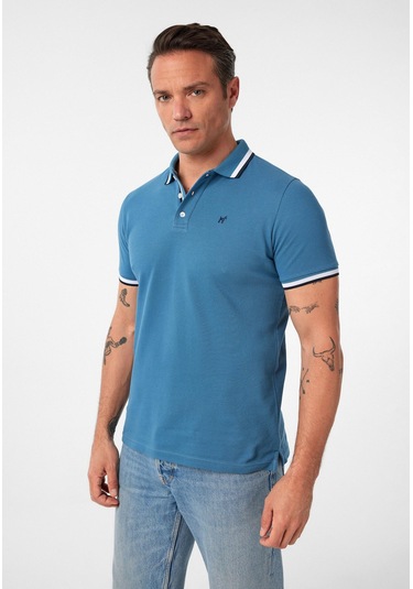 Javeir Erkek Regular Fit Çizgi Detaylı Polo Yaka T-shirt Koyu Denim Mavi