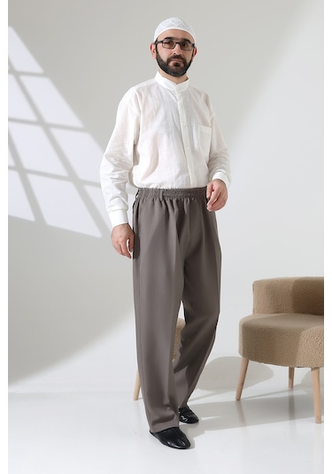 Erkek Beli Lastikli Cepli Hac Umre Kumaş Şalvar Pantolon - Toprak Isr Vizon