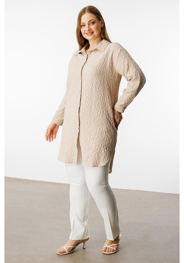 Moda İlgi Kadın Büyük Beden Gofre Kumaş Uzun Tunik 4218 Taş Taş