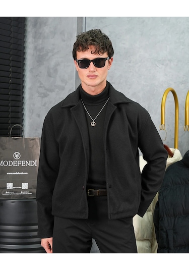 Modefendi Orta Slim Fit Düğme Detaylı Kaşmir Kaban Siyah