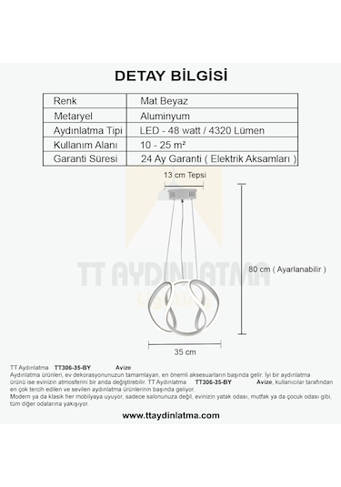 Tt306-35-by Tt Aydınlatma Gün Işığı Kavis Mat Beyaz Led Avize Beyaz