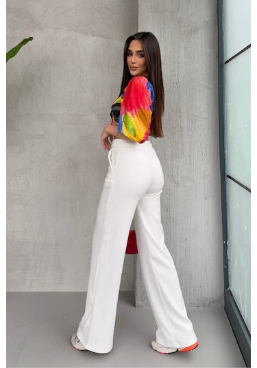 Kadın Ekru Yüksek Bel Bol Paça Kaşkorse Fitilli Cepli Pantolon Eşofman Altı Mtlcb104-ekru Ekru