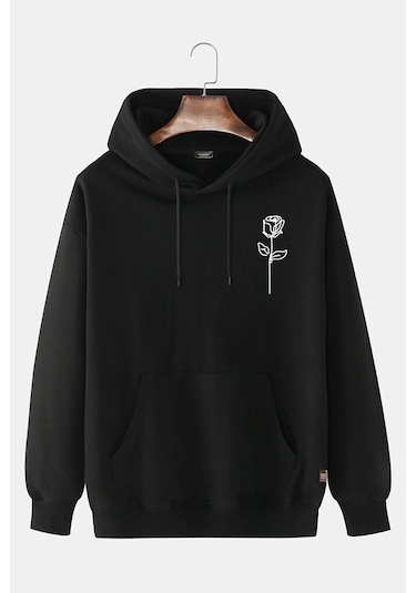 Unisex Derin Siyah Önü Gül Baskılı Kapşonlu Sweatshirt Derin Siyah
