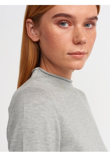 Dilvin Dik Yaka Önü Yırtmaçlı Triko Elbise Gri