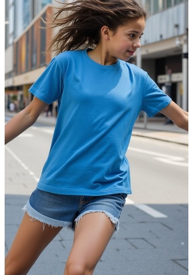 Turkuaz Çocuk T-shirt Kız Erkek Unisex %100 Pamuk Turkuaz