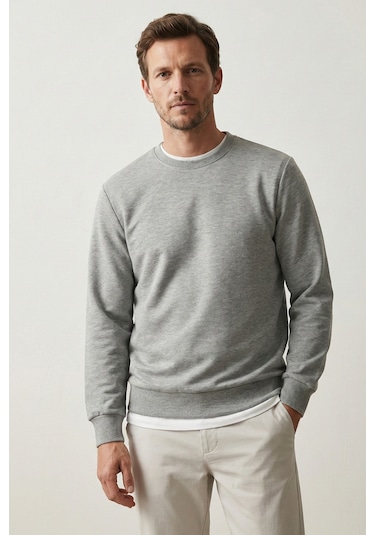Elemge Pamuklu Erkek Sweatshirt Gri Soft Touch Relax Fit Basic Bisiklet Yaka 3 Iplik Nefes Alan