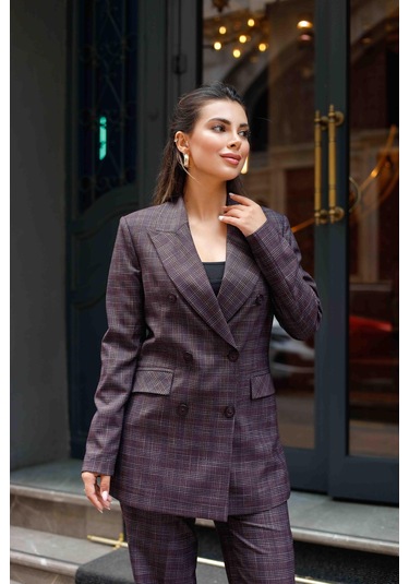 6 Düğmeli Kruvaze Ekose Takım Bordo Bordo