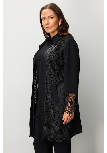 Moda İlgi Kadın Büyük Beden Önü Güpür Dantelli Tunik 0256 Siyah Siyah