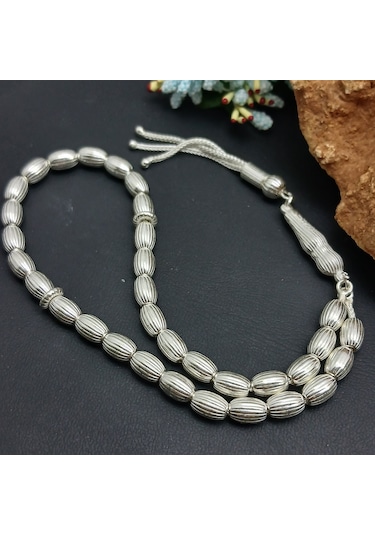 925 Ayar Gümüş Tesbih Arpa Kesim Çizgili Model Küçük Boy