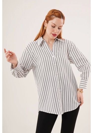 Çift Çizgi Geçişli Düğmeli Gri Gömlek Gri