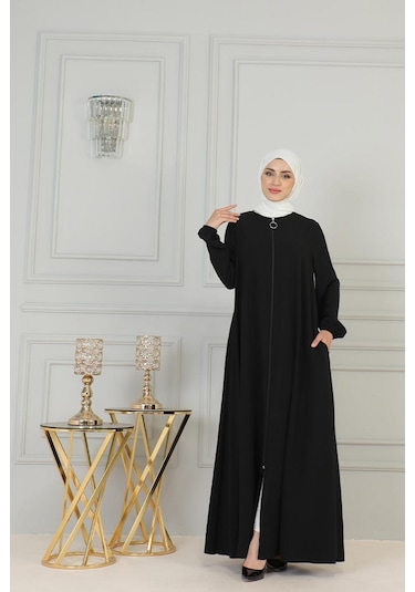 Boydan Fermuarlı Medine İpeği Ferace Brc2305 Siyah 001