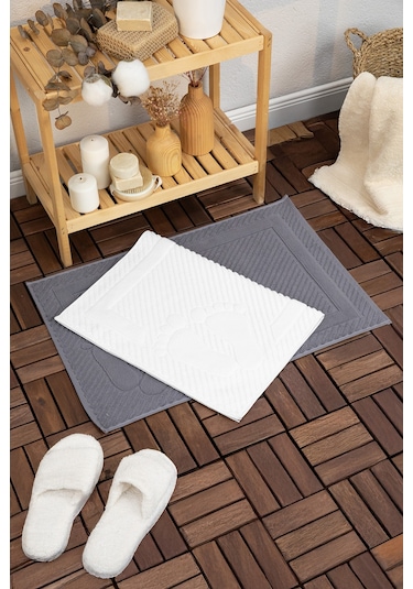 Leoline %100 Pamuk Premium 2'li Ayak Havlusu - Beyaz - Antrasit Beyaz - Antrasit