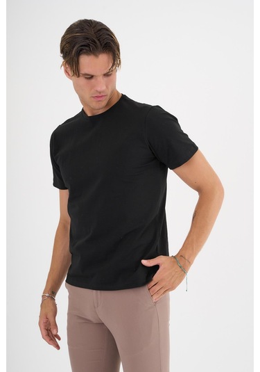 Erkek Siyah %100 Pamuklu Standart Kalıp Likralı Basic T-shirt Siyah