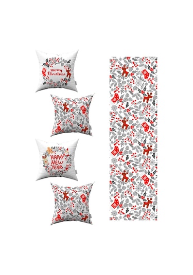 Kırmızı Gri Yılbaşı Temalı 4'lü Kırlent Kılıfı 1 Runner Seti 4kmbs174-rs