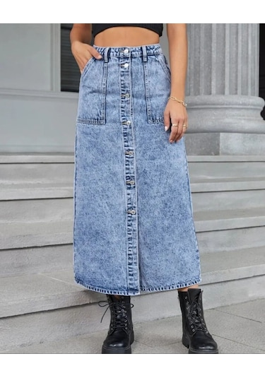 Pass&pass 2102-etk Kadın Likralı Önden Düğmeli Jeans Kot Denim Uzun Etek Kar Çok Renkli