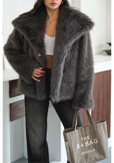 Neşeli Butik Kadın Antrasit Astarlı Kürk Kaban Nbmylk32 Antrasit