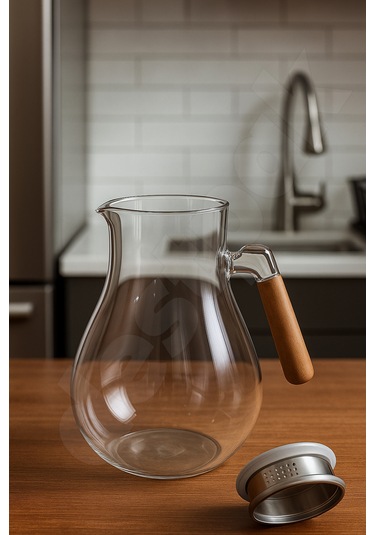 Süzgeçli Yuvarlak Cam Sürahi - Akasaya Kapaklı Ve Saplı - Detoks Sürahisi - Contalı Kapak