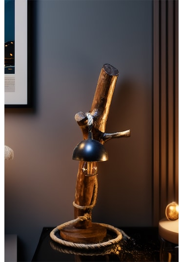 Celestia Home Otantik  İskandinav El Yapımı Doğal Ağaç Ahşap Rustik Aydınlatma Abajur Masa Lambası Ahşap