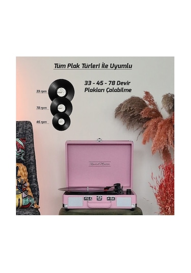 Record Master ST14012 Retro Şarjlı Bluetooth Pikap Pembe
