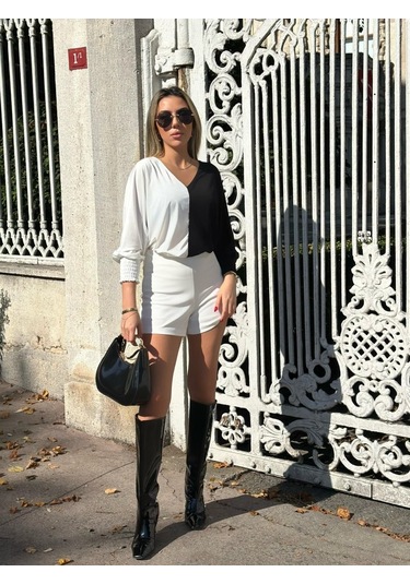 Kadın Uzun Kollu V Yaka Kol Ağzı Gipeli Sandy Bluz Antrasit Melanj