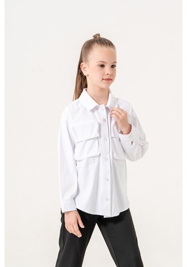 Kız Çocuk Körük Cepli Gömlek 6402 Beyaz