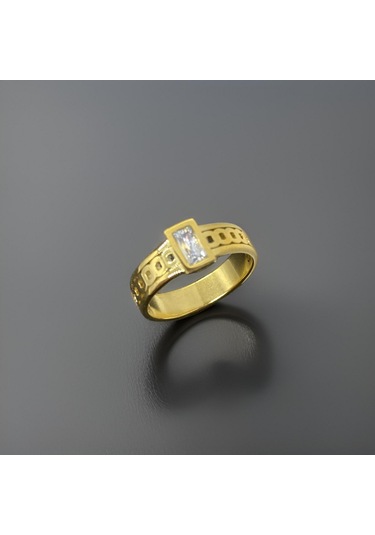 Özel Zirkon Taşlı İşleme Model Gold Renk Parlak 316l Antialerjik Kadın Çelik Yüzük-9084021785932 Gold