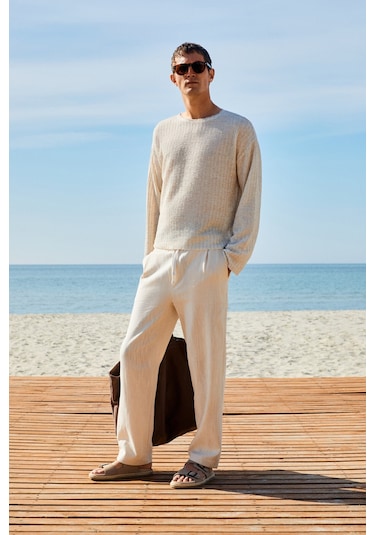 EDVIN Erkek Beli Lastikli Yanları Cepli Keten Karışımlı Relaxed Fit Ekru Pantolon