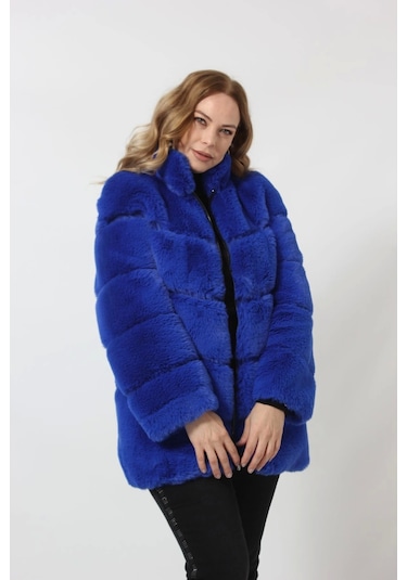 Moda Berray 3258 Kadın Fermuarlı Dık Yakalı Lüks Suni Kürk Kaban Saks