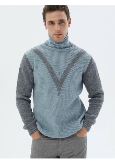 Mint Tam Balıkçı Yaka Desenli Yün Karışımlı Triko Mint