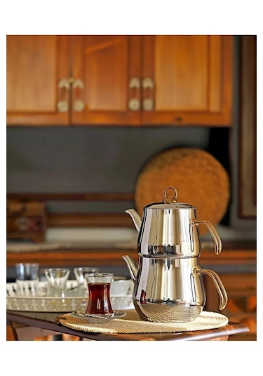 Yunusoğlu Home Aletta Büyük Boy Çelik Gold Kulplu Çaydanlık Çelik