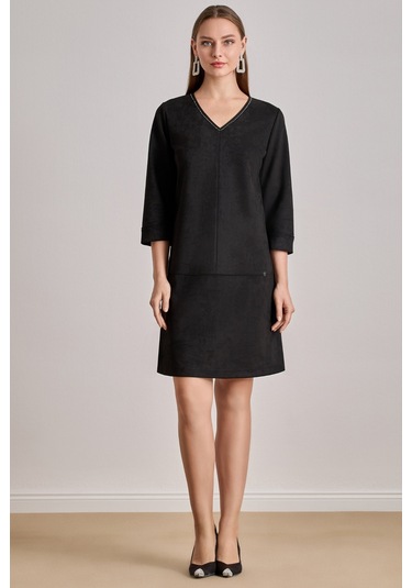 Diz Boy Siyah Süet Elbise Siyah