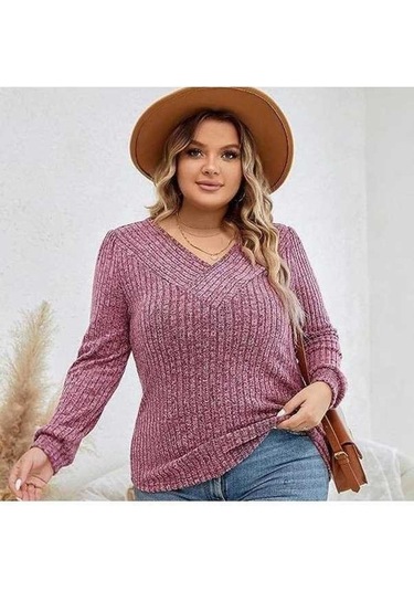 Tongxida Sonbahar/kış Kadın Uzun Kollu V Yaka Pembe Çukur Kazak Büyükbeden Pembe