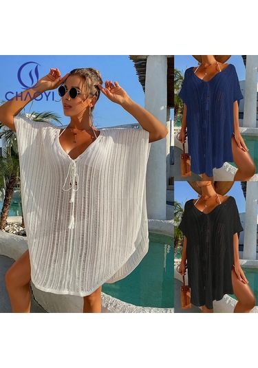 Örgü Bağlama İpi Oymalı Bol Plaj Elbisesi Beyaz