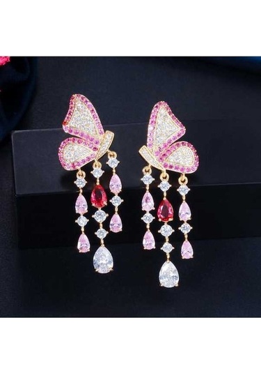 Novahub Sarı Altın Kelebek Küpe, Damla Püskül, Siyah Altın Renk, Kadın, 4.7 Cm Çok Renkli