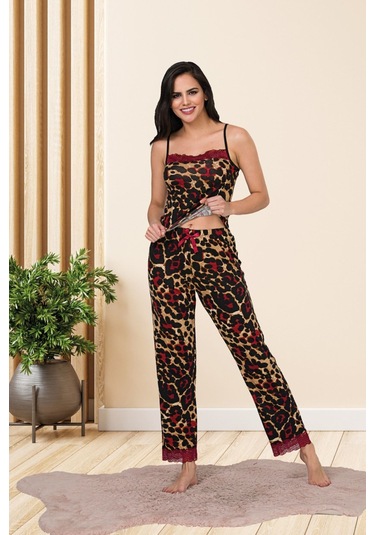 Leopar Desenli Pamuklu Likralı Kahverengi Askılı Bordo Dantel Detaylı Pijama Takımı 28449 Kahverengi