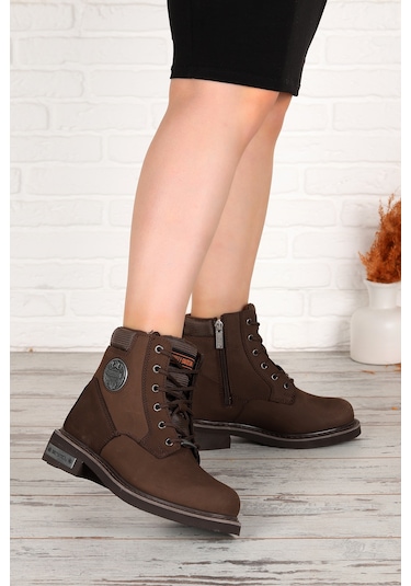 Harley Davidson Jim Nubuk Deri Kadın Motorcu Bot Ayakkabı Kahvere Kahverengi