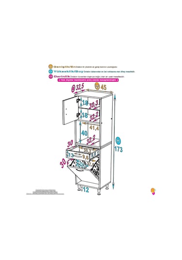 45x173x32,5 Cm 1 Çekmece, 1 Sepetli Göz Ve 3 Raflı Çok Amaçlı Akıllı Dolap Mutfak Dolabı Beyaz