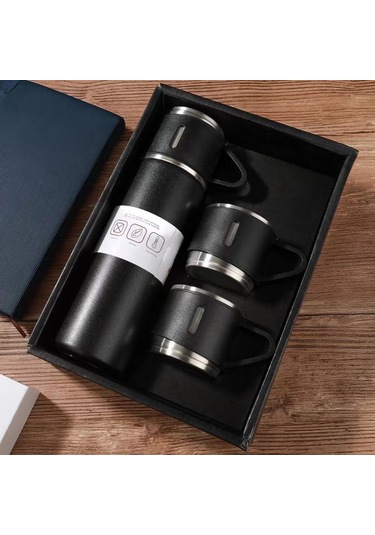 Paslanmaz Çelik Vakumlu Termos Seti, İzole Termos Bardak 500ml/16.9oz, Çift Duvarlı Vakumlu İzole Şişe, İş, Ofis, Okul İçin - Sıcak Ve Soğuk İçecekler Siyah