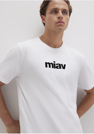 Mavi - Siyah Miav Baskılı Beyaz Tişört 067153-602 Beyaz