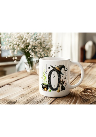 O Harfli Halloween Kedili Figür Kupa Bardak - Şapkalı Ve Kazanlı İsme Özel Kupa - Hediye 07 Beyaz