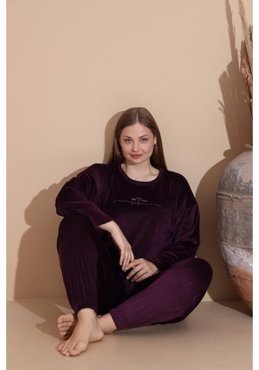 Boyraz Kadın Kışlık Fransız Kadife Büyük Beden Bisiklet Yaka Uzun Kol Pijama Takımı 03143 - 1 Adet Mor