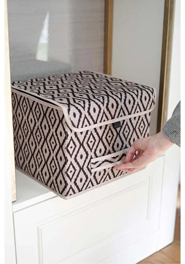 Bohe Çok Amaçlı Kapaklı Kutu, Dolap Raf Düzenleyici, Dekoratif Saklama Kutusu 30x30x23 Cm Gri-beyaz