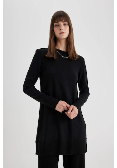 DeFacto Regular Fit Bisiklet Yaka Yırtmaçlı Basic Düz Triko Kazak Tunik H3431AZ24AUBK27